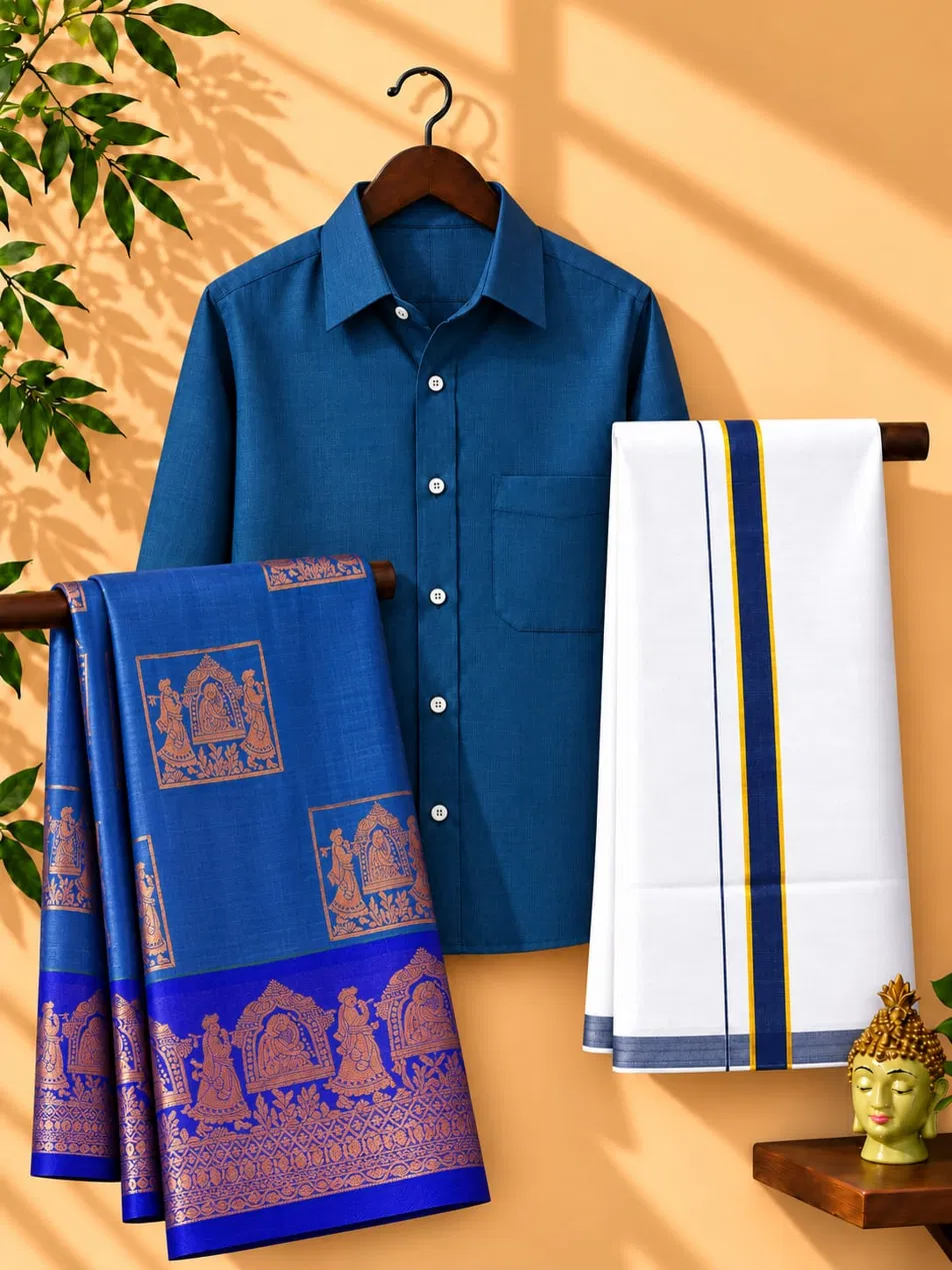 Royal Blue Copper Zari Procession Border Couple Combo Set